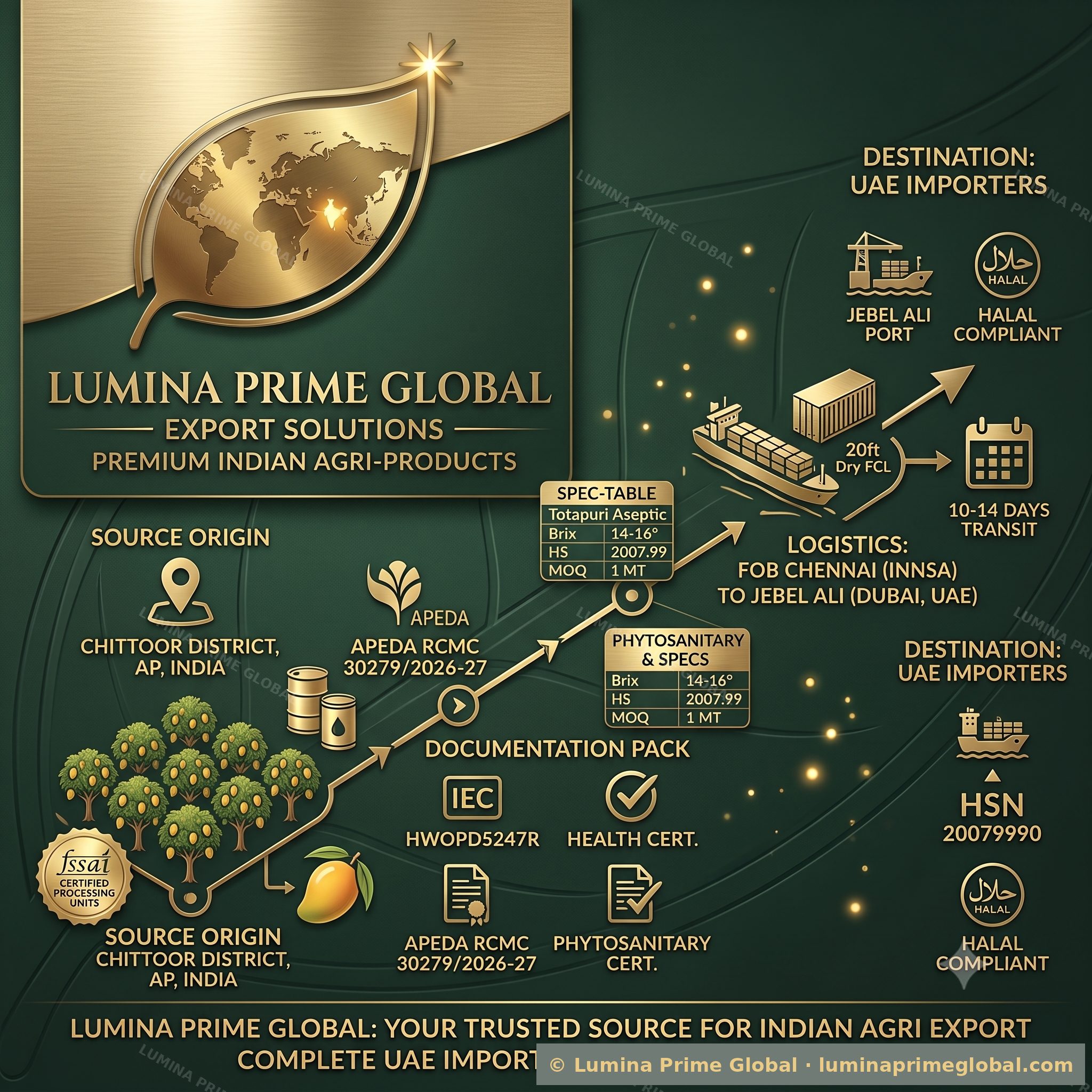 Complete UAE importer guide infographic for Totapuri mango pulp — sourcing, documentation, and logistics from Chittoor to Jebel Ali